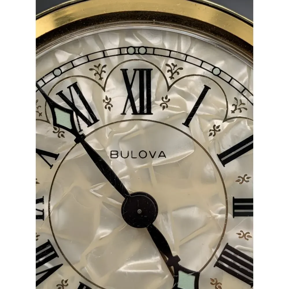Bulova MCM Alarm Clock MOP Dial West Germany Filigree Brass - Ticks/Need Repair